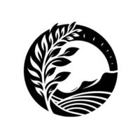A stylized black and white landscape emblem, featuring a tree with leaves emerging from a circular frame that contains a stylized landscape of fields, mountains, and moonlit sky. vector