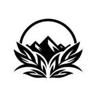 Simplified Black and White of Mountain Peaks Emerging from stylized Leafy Elements, Encased in a Circular Frame. vector