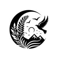 Black and White Circular Emblem of Nature A Bird in Flight, Mountains, Foliage, and Crescent Moon, Symbolic Design. vector