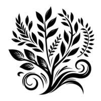 Detailed black and white symmetrical plant illustration, featuring various leaf shapes and swirls, perfect for or artistic applications. vector