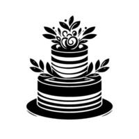 Twotiered monochrome cake with horizontal stripes, decorated with leaves and a swirl of leaves and dots on a white background. vector