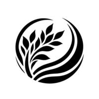 Stylized Black and White Emblem a Branch with Leaves Enclosed Within a Semicircle and Concentric Swirls, a Modern and Elegant on White Background. vector