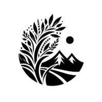 Black and White Emblem A stylized landscape within a circle, featuring a tree, mountains, a road, and a sun. vector