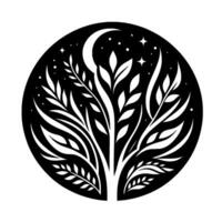 Black and white circular illustration of a stylized tree silhouetted against a starry night sky, with crescent moon. vector