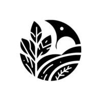 Black and White Circular Minimalist Featuring stylized Leafy Branch, Bird, and Landscape Elements with a serene, organic aesthetic. vector