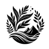 Black and White Nature Emblem Mountains, Water, and Lush Foliage Enclosed in a Circular Composition with Minimalist Silhouette. vector