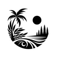 Simplified black and white depicting a tropical landscape with a palm tree, forest, sun, and waves, contained within a circular composition. vector