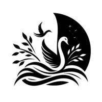 YinYang stylized illustration of a swan gracefully gliding on water, accompanied by a soaring bird, within a contrasting black and white landscape with foliage. vector