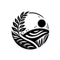 A stylized black and white circular depicting a landscape with foliage, hills, sun, and intricate patterns. vector