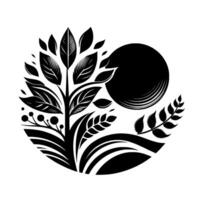 Monochromatic Illustration A stylized circular features a central tree with detailed leaves, berries, and wheat, juxtaposed against a textured sun and a minimalist landscape. vector