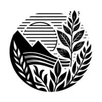 Monochrome Circular Nature Scene Mountain Horizon Silhouette with Leafy Botanical Elements vector