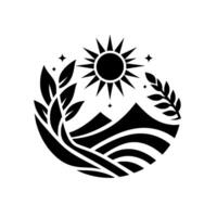 Black and White Circular Featuring a Sun Burst, Mountains, Flowing Water Lines, and Botanical Elements. vector