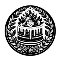 Elegant Black and White Cake Illustration, Featuring Decorative Berries and Foliage Within Circular Frame. vector