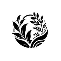 A stylized black and white botanical emblem, featuring intertwined leaves and branches within a circular frame. vector