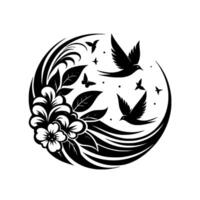 Floral and Avian Harmony A Circular Black White Illustration of Birds, Blossoms, and Leaves in Dynamic Flight. vector