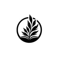 Sleek Monochrome Logo A Branch with Leaves Enclosed in a Black Circular Frame on a White Background, Evoking Natures Calm. vector