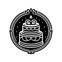 Elegant Black and White Illustration TwoTiered Birthday Cake Inside Ornate Circular Frame with Candle and Dots. vector