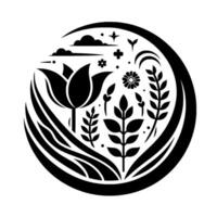 Circular Black and White Minimalist Illustration of Nature, Featuring a Tulip, Leaves, Clouds, and Floral Elements within a Decorative Border. vector