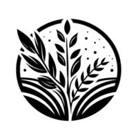 Black and white stylized circular illustration of wheat and field grass, dotted sky, representing nature and growth. vector