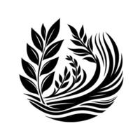 Artistic Monochrome Circular Composition Stylized Foliage with Waves, Symbolizing Growth Harmony. vector
