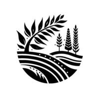 Black and White Stylized Circular Illustration of a Rural Landscape Featuring Arched Tree and Wheat Fields vector