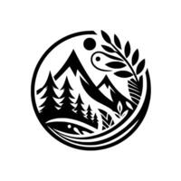 Stylized Monochrome Nature Icon Mountains, Forest, Sun, and Foliage Within a Circular Frame, Minimalist Design. vector
