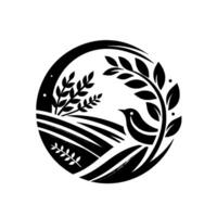 Monochromatic Circular Logo A Bird in a Field, with Grain, and Leafy Branches Inside a Circle, Symbolizing Peace, Harmony, Nature, and Sustainability. vector