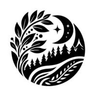 Circular black and white nature illustration crescent moon, starry sky, trees, leafy branches, berries, and flowing lines. vector