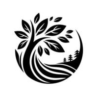 Black and White Minimalist Nature Logo Tree, Hills, and Trees, Enclosed within a Crescent Shape with Decorative Lines. vector