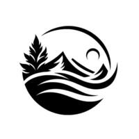Stylized Black and White Emblem Mountain Range, Crescent Moon, Leafy Tree within a Circle, NatureInspired Design. vector