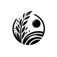 Abstract minimalist black and white featuring stylized wheat, sun, and farmland elements arranged within a circular frame. vector