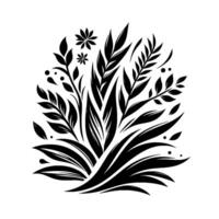 Abstract Black and White Botanical Composition Featuring Leaves, Flowers, and Flowing Lines in a Minimalist Aesthetic. vector