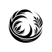 Intricate Black and White Circular Emblem Featuring Stylized Foliage and Curved Forms, Evoking Harmony and Balance. vector