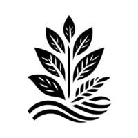Stylized black leaves and wheat on a stem rising from curved lines against a white background, reminiscent of a modern organic emblem. vector