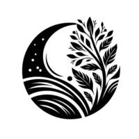 A minimalist black and white circular nature scene featuring a crescent moon, stylized grass, and a detailed tree with leaves and berries. vector