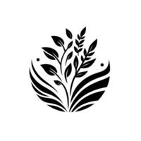 Stylized Black White Botanical Logo A Circular Composition of Leaves and Delicate Stems Rising from a Flowing Base. vector