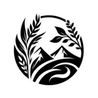 Black and White Circular of a Mountain Landscape, with stylized Plants and a flowing River Design, Nature Emblem. vector