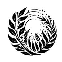 Intricate Black and White Botanical Circle Leafy Wreath with Berries and Delicate Lines, Minimalist Floral Design. vector