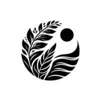 A minimalist black and white botanical emblem, featuring leafy branches, a circular sun, and stylized waves in a balanced composition. vector