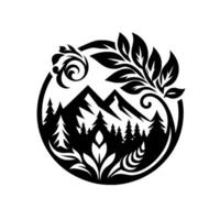 Vectorstyle black white mountain and forest landscape within a circular floral frame, creating an elegant nature logo. vector