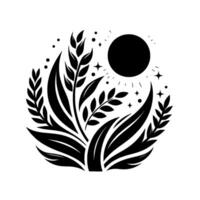 Stylized Black and White Botanical Emblem Featuring Wheat, Leaves, Stars, and a Central Sun on a White Background. vector