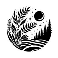 Black and white minimalist within a circle. Features leafy plants, moon, stars, and stylized evergreen trees. vector