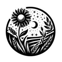 Nighttime Silhouette A circular illustration of a sunflower under a crescent moon and starry sky, surrounded by various flora. vector