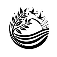 Black and white minimalist illustration Tree with leaves, birds in flight, sun, and flowing landscape elements within a circular frame. vector