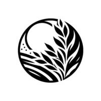 Stylized Black and White Circular with wheatlike plants, abstract lines, and dots, symbolizing nature and harvest. vector