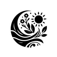 A stylized monochrome circular emblem featuring the sun, flowers, leaves, and water waves, creating a harmonious composition. vector
