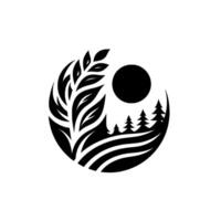 Minimalist Black and White of Nature Elements in a Circular Design Trees, Sun, Leaves, and Landscape. vector