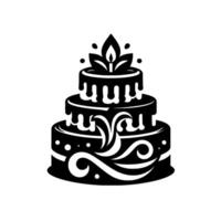Elegant Tiered Cake with Decorative Frosting and Floral Topper in Black and White, on White Backdrop vector
