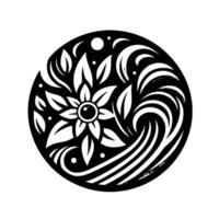 Black and white floral and wave within a circle, featuring a central flower with leaves and stylized water elements, evoking natural harmony. vector