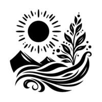 Black and white minimalist artwork of a sun over mountains, with flowing stylized water and a plant, conveying natures harmony. vector